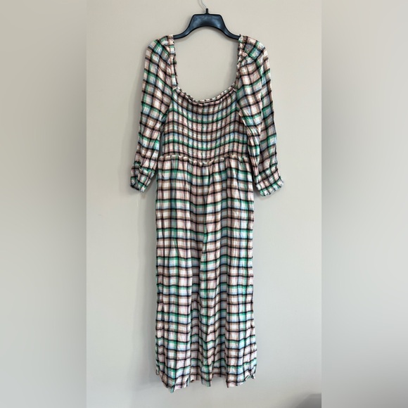 Anthropologie Maeve Cerie Smocked Plaid 3/4 Puff Sleeved Midi Dress, M - Picture 2 of 13